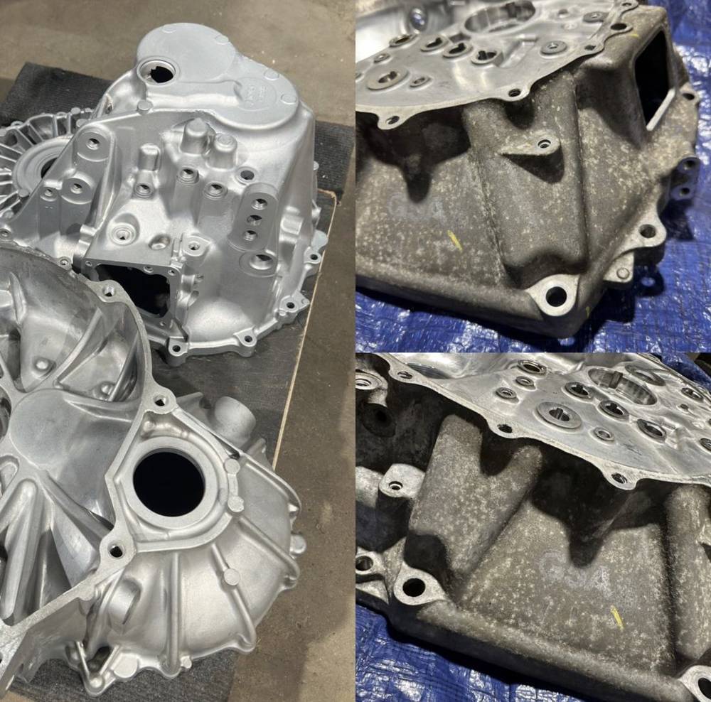 Transmission and bellhousing halves before and after